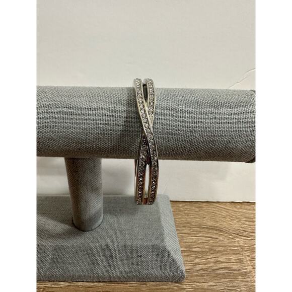 Clear Rhinestone Hinged Bracelet Silver Tone Criss Cross Bangle Fashion Jewelry - Picture 6 of 11